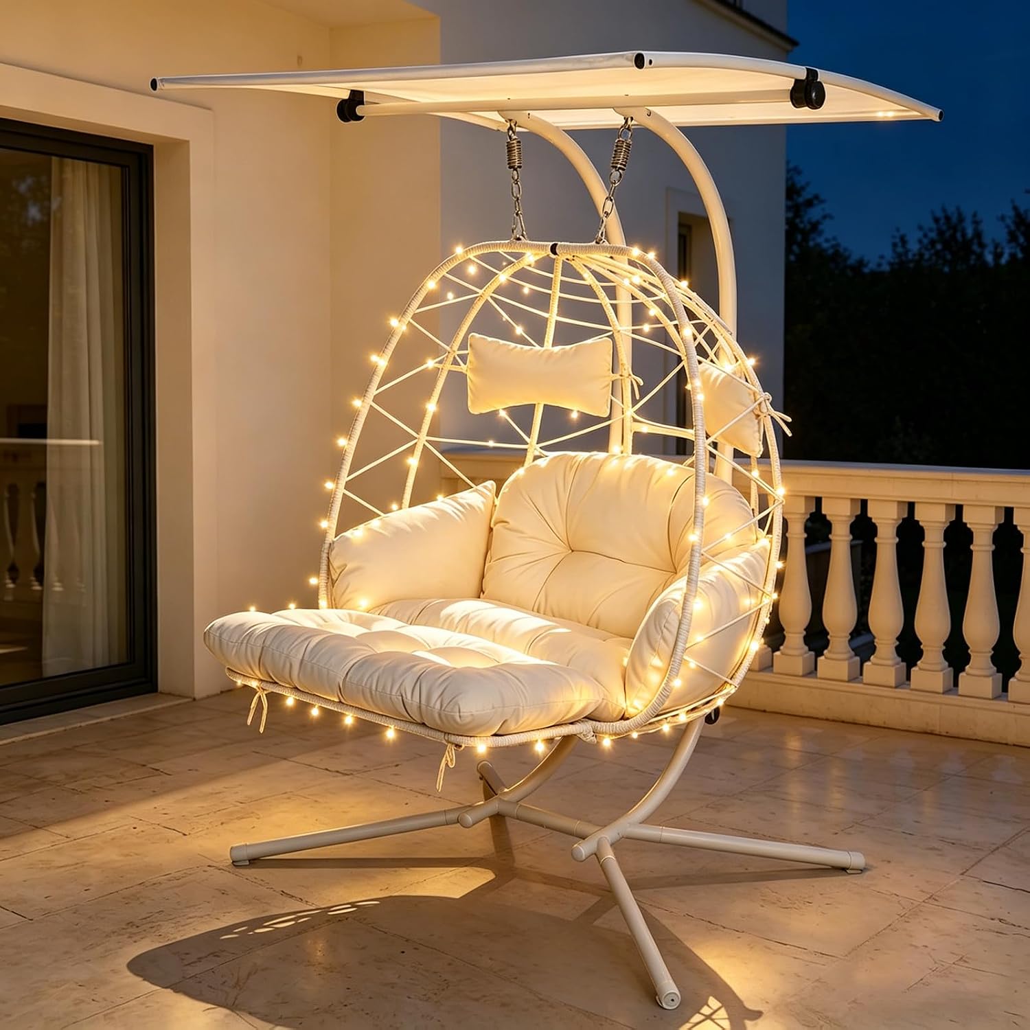 Double Egg Chair Outdoor with Stand & Canopy, 2 Person Hanging Egg Chair with Footrest, Oversized Rattan Wicker Egg Swing Chair for Bedroom Garden, 660Lbs (White with Light)