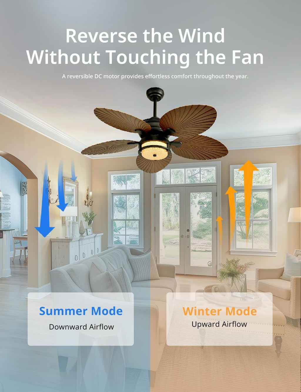 Orison 52'' Outdoor Ceiling Fan with Lights, Tropical Palm Leaf Fan, Wet Rated for Patio, Porch & Gazebo, Dimmable LED, 6-Speed, Remote & App Control, Plug-in/Flush Mount, Bronze