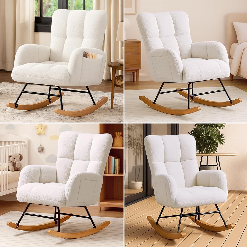 COMHOMA Nursery Rocking Chair, Teddy Upholstered Glider Rocking Chair with Side Pockets, Accent Chair with High Backrest Reading Chair for Adult, Nursery, Bedroom, Living Room,Offices (White)