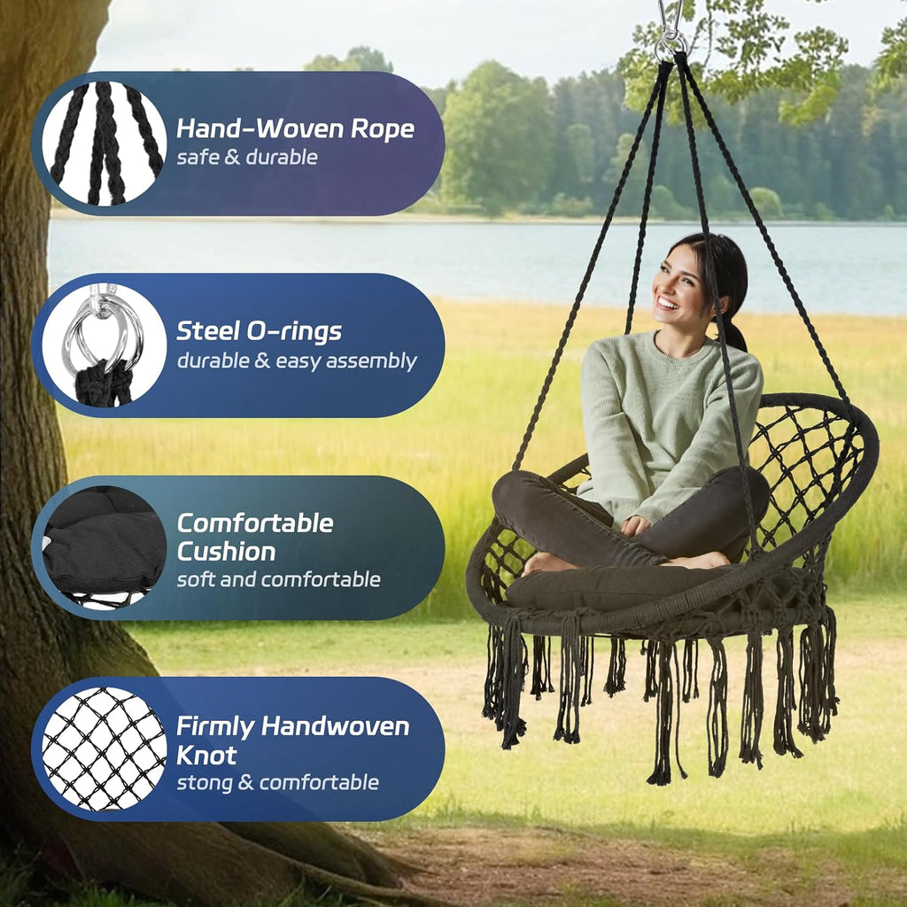 Hanging Swinging Chair, Macrame Hammock Hanging Swinging Chairs with Soft Cushions and Hardware Accessories, Hanging Chair for Indoor and Outdoor Use, 3 Installation Methods, Beige (3, Black)