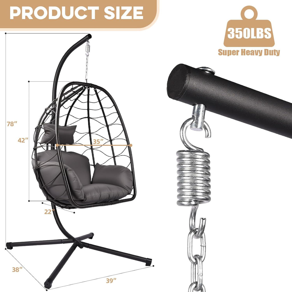 Egg Chair with Stand Outdoor Ratten Wicker Hanging Egg Chair Outdoor Indoor with Thickened Cushion Swing Chair Hammock for Patio Apartment Bedroom Garden Balcony (Dark Grey Wicker+Grey Cushion)