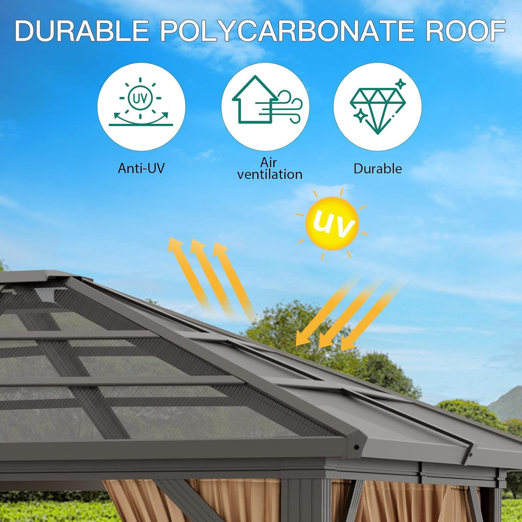 GarveeHome 10x12 ft Outdoor Gazebo Canopy with Heavy-Duty Aluminum Frame & Waterproof PVC Roof - Sun Shelter Tent for Backyard, Patio, Garden, Park Events