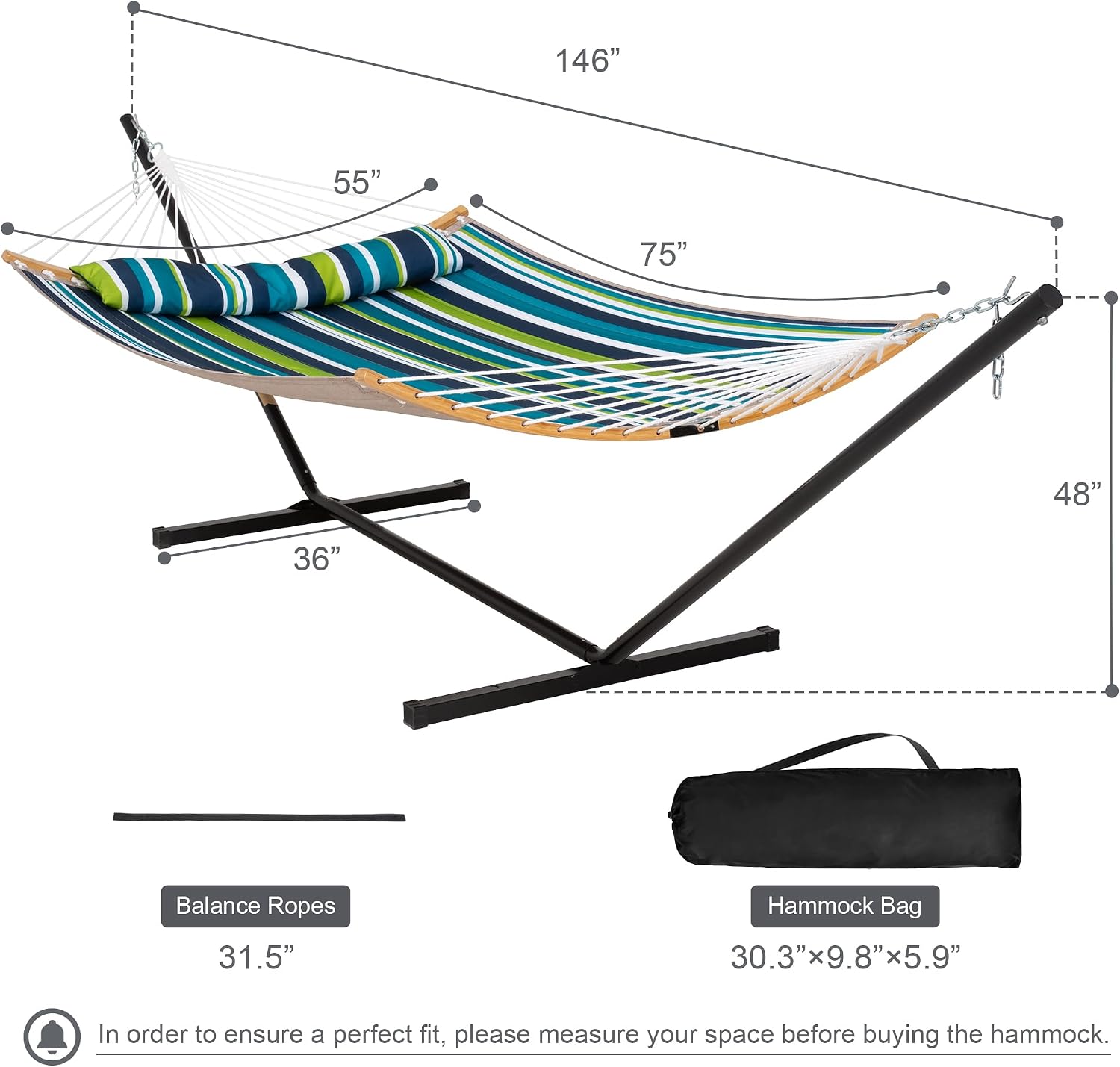 Hammock with Stand for Outside, Double Hammock with Stand, Pillow and Portable Bag, 450 Lbs Capacity, Green Blue Stripes