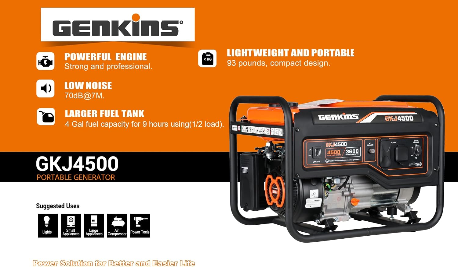 Genkins 4500 Watt Portable Generator 4 Stroke 233 cc Engine Gas Powered Open Frame