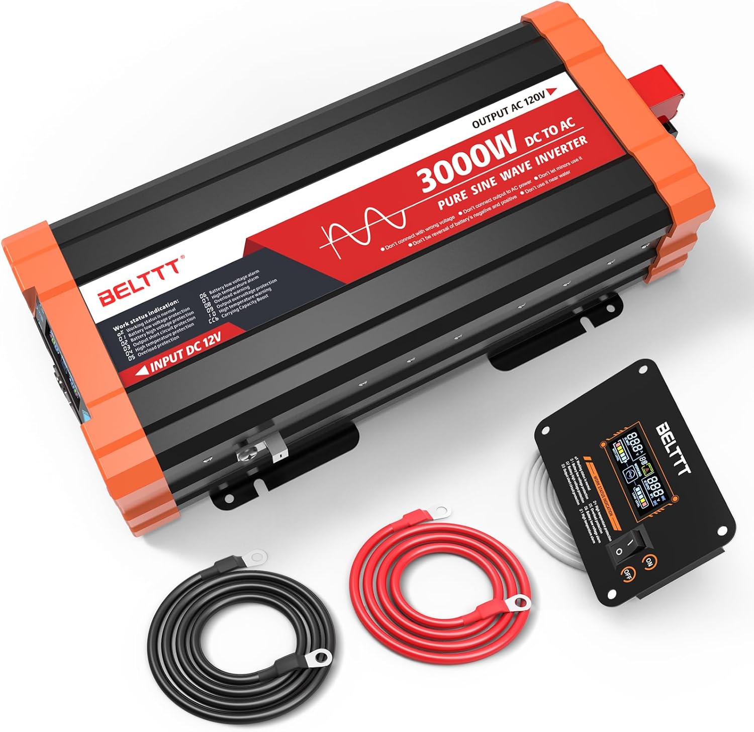 BELTTT 3000W Pure Sine Wave Inverter 12V DC to 120V AC for Solar, Off-Grid, RV, Truck, Home, Power Inverter with Dual AC, 20A Socket, 5V 2.1A USB, Hardwire Port, Remote Controller 23Ft Cable