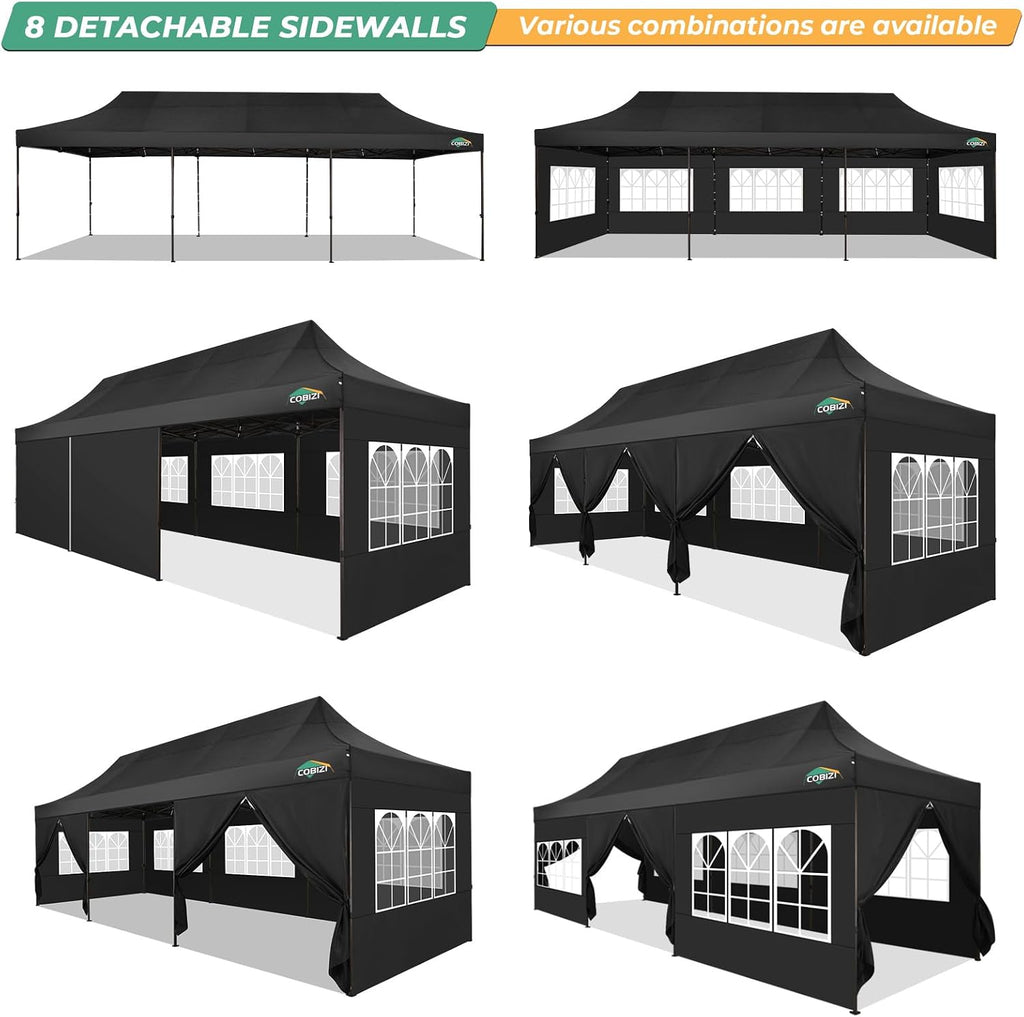 COBIZI Heavy Duty 10x30 pop up Canopy, Commercial10x30 Party Tent for Parties Waterproof Gazebos with 8 Sidewalls, All Season Wind & Waterproof UPF50+,Stable Thickened Frame, Black