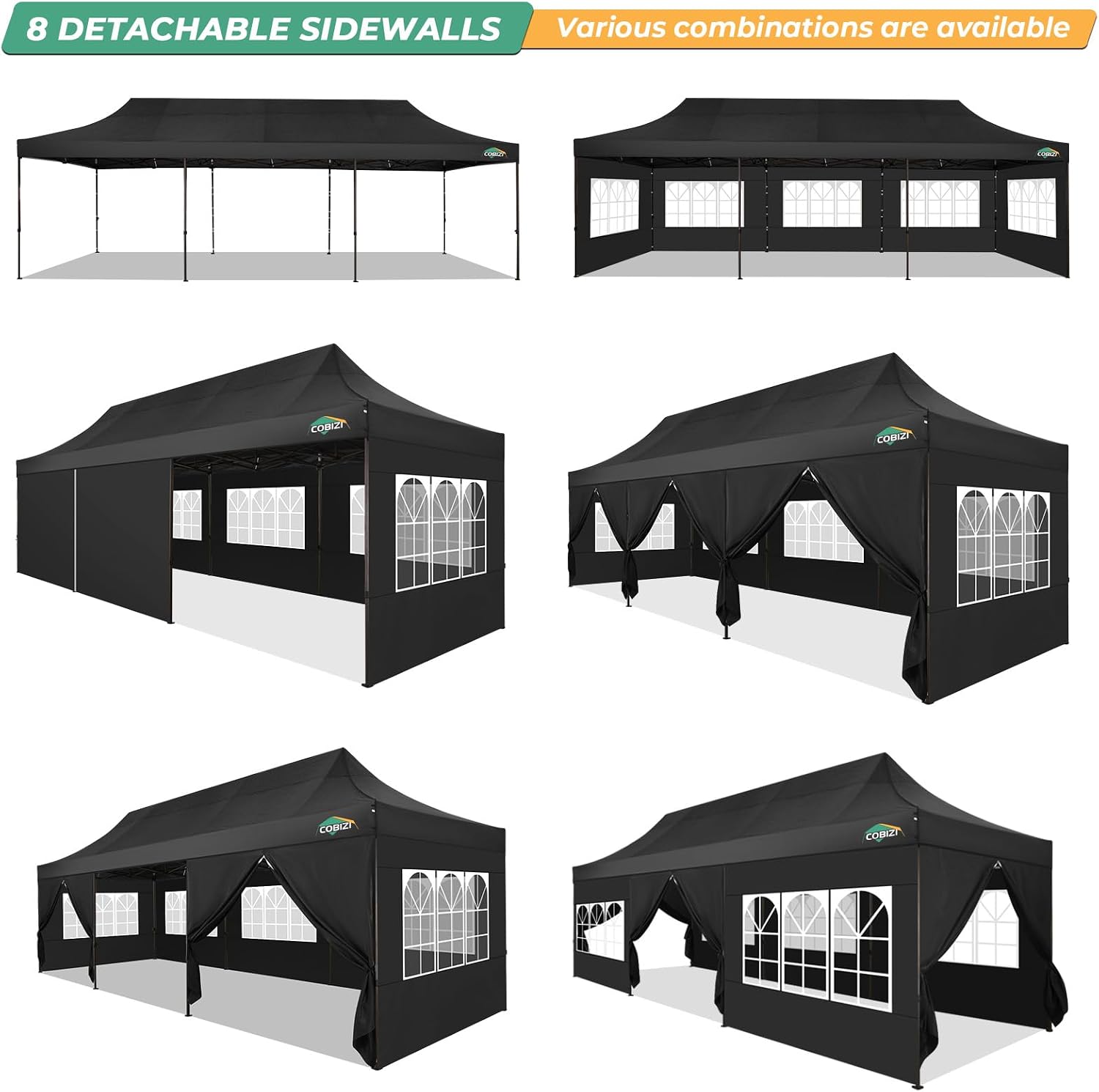 COBIZI Heavy Duty 10x30 pop up Canopy, Commercial10x30 Party Tent for Parties Waterproof Gazebos with 8 Sidewalls, All Season Wind & Waterproof UPF50+,Stable Thickened Frame, Black