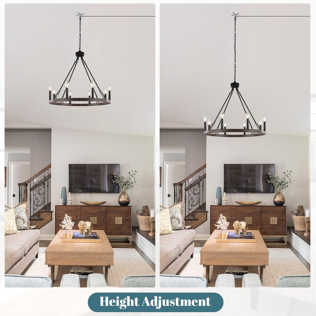 ETONIMERR Plug in Chandelier Wagon Wheel, 8 Light 23.6'' Round Farmhouse Hanging Light with Plug in Cord, Dining Room Plug in Pendant Light with Wood Grain Finish,Outdoor Chandelier for Gazebo Porch