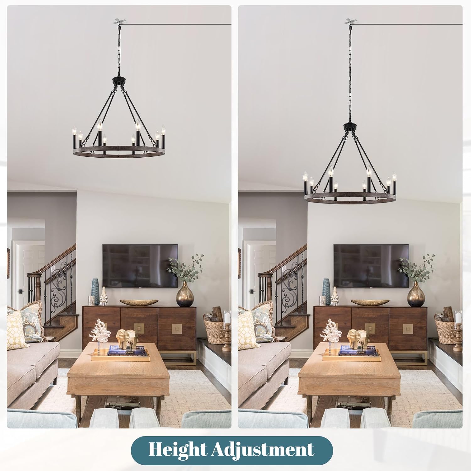 ETONIMERR Plug in Chandelier Wagon Wheel, 8 Light 23.6'' Round Farmhouse Hanging Light with Plug in Cord, Dining Room Plug in Pendant Light with Wood Grain Finish,Outdoor Chandelier for Gazebo Porch