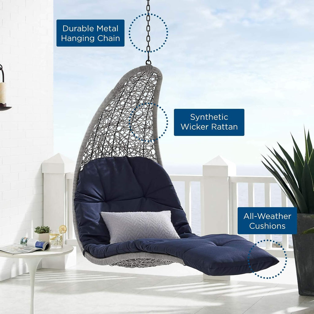 Modway Landscape Wicker Rattan Outdoor Patio Porch Chaise Lounge Hanging Swing Chair in Light Gray, Navy