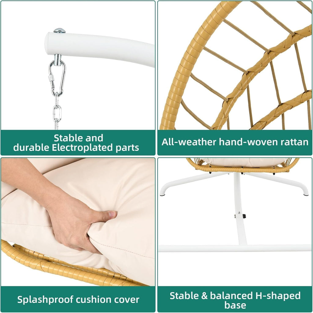YITAHOME Hanging Egg Chair with Stand, Rattan Wicker Swing Egg Chair with Resistant Cushion, 350lbs Capacity, Foldable Hanging Rattan Basket Chair for Porch, Garden, Bedroom, Balcony, Beige