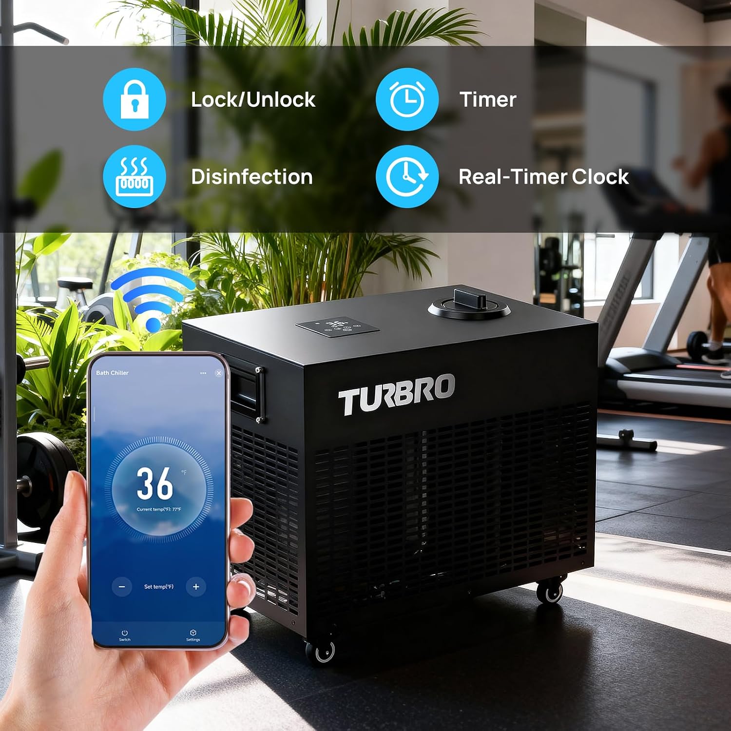 TURBRO 1 HP 9,300BTU, Cold Plunge Chiller, Smart Ice Bath Water Chiller with Schedule Timer, Dual Filters and Ozone Generator, Wheels, Handles, Insulated Pipes, for Athlete Recovery and Therapy, F85