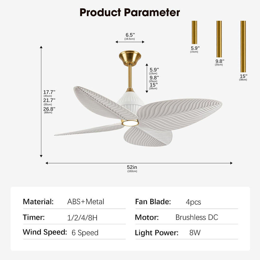 52' Tropical Ceiling Fans with Lights, Indoor Palm Leaf Ceiling Fan with Light and Remote for Living Room Bedroom, ABS Blades, Dimmable LED Lights, 6 Speeds, Adjustable Height-White Gold