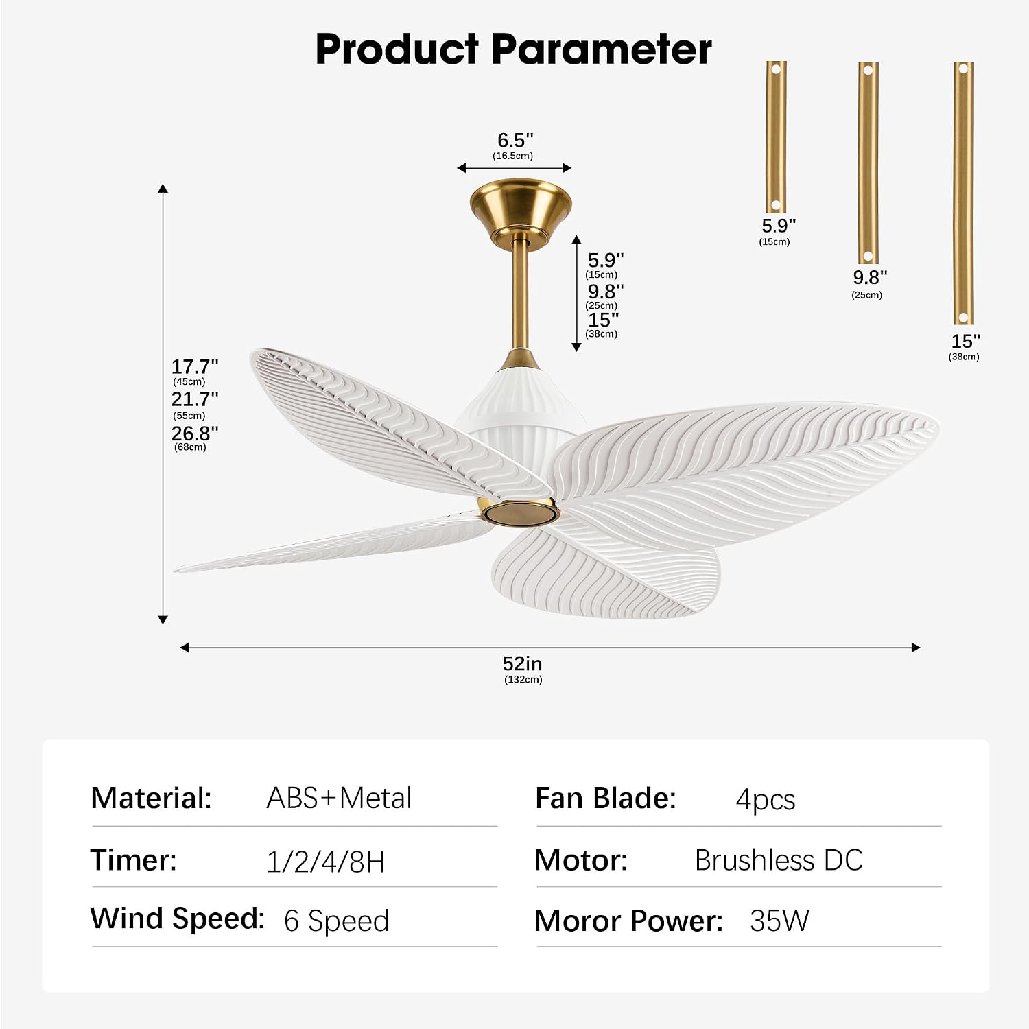 52' Tropical Ceiling Fans, Flush Mount Palm Leaf Ceiling Fan no Light, Indoor Ceiling Fans Without Light for Living Room Bedroom Kitchen Covered Gazebo, APP and Remote Control-White Gold