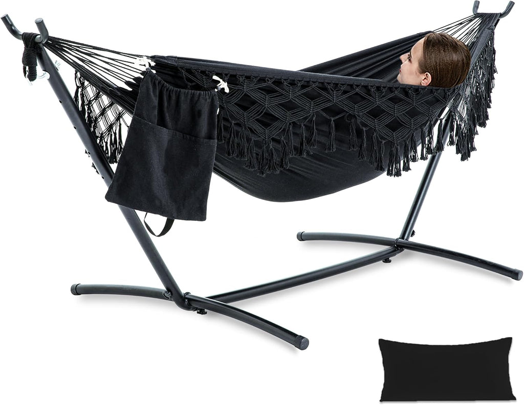 PNAEUT Handmade Tassel Hammocks, Double Hammock with Stand for Outside Indoor Outdoor, Max 450 lbs Capacity, Pillow & Storage Bag Included (Black)