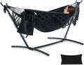 PNAEUT Handmade Tassel Hammocks, Double Hammock with Stand for Outside Indoor Outdoor, Max 450 lbs Capacity, Pillow & Storage Bag Included (Black)