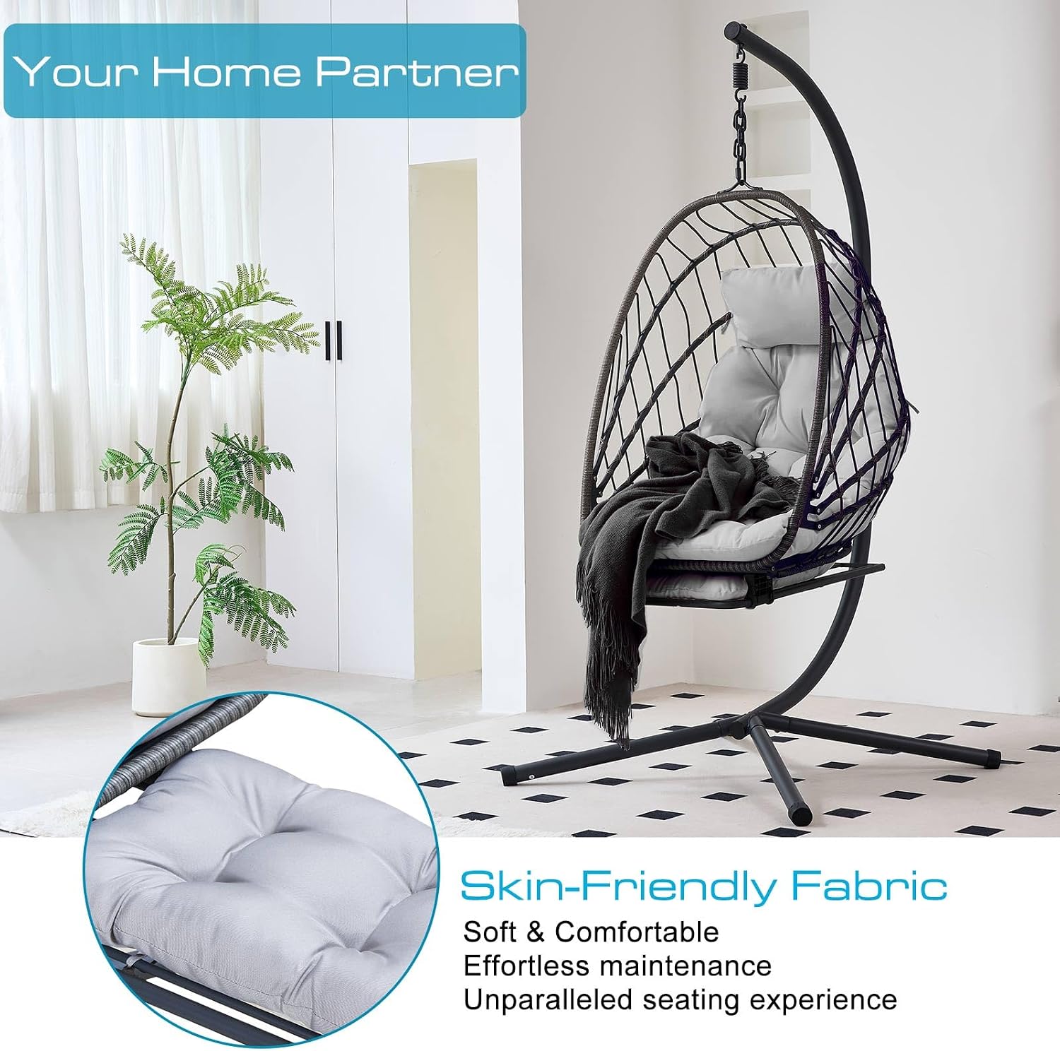 Hanging Egg Chair with Leg Rest and Stand – Rattan Wicker Swing Hammock Chair, UV-Resistant Cushion, Heavy-Duty Frame for Indoor & Outdoor Patio, Bedroom, Balcony, Garden – 330 lbs Capacity(Grey)