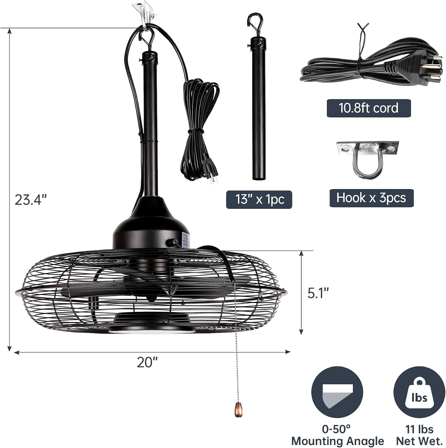 OFANTOP 20' Plug in Ceiling Fan for Outdoor Gazebo, Wet Rated Patio Fan with Remote & Dimmable LED Light, 6 Speeds Hanging Fan for Pergola Porch, Black
