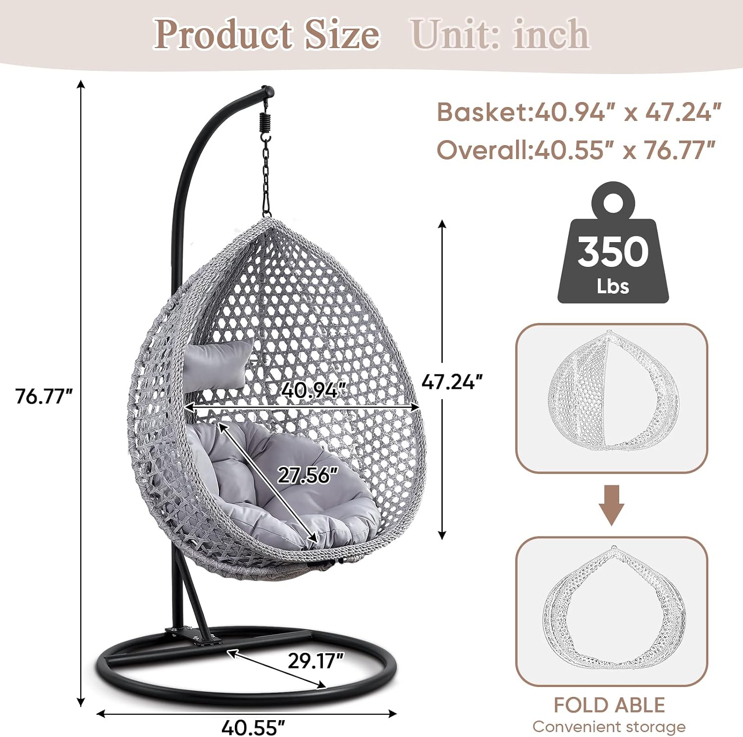 Hanging Egg Swing Chair with Stand, Rattan Wicker Hanging Egg Chair Hammock Indoor with Cushions, Swinging Chair for Bedroom Outdoor Patio Balcony Backyard Sunroom Heavy Duty 350LBS (Gray)