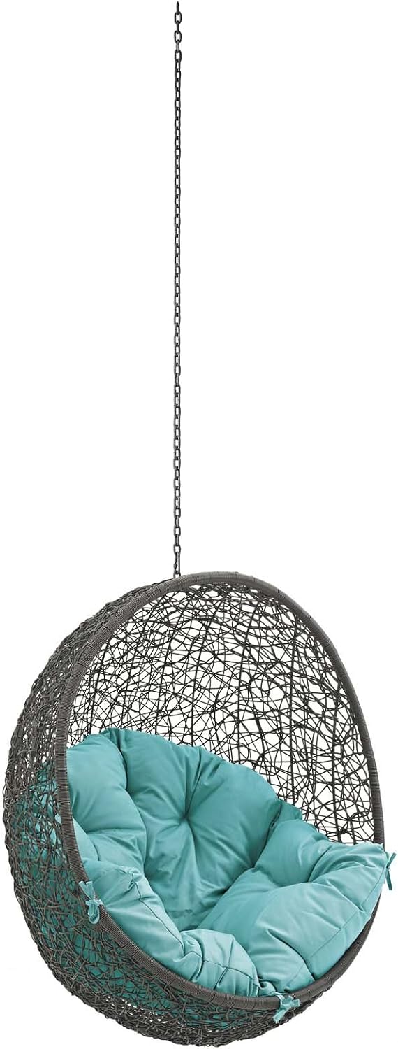 Modway Hide Wicker Rattan Outdoor Patio Swing Chair with Hanging Steel Chain in Gray Turquoise