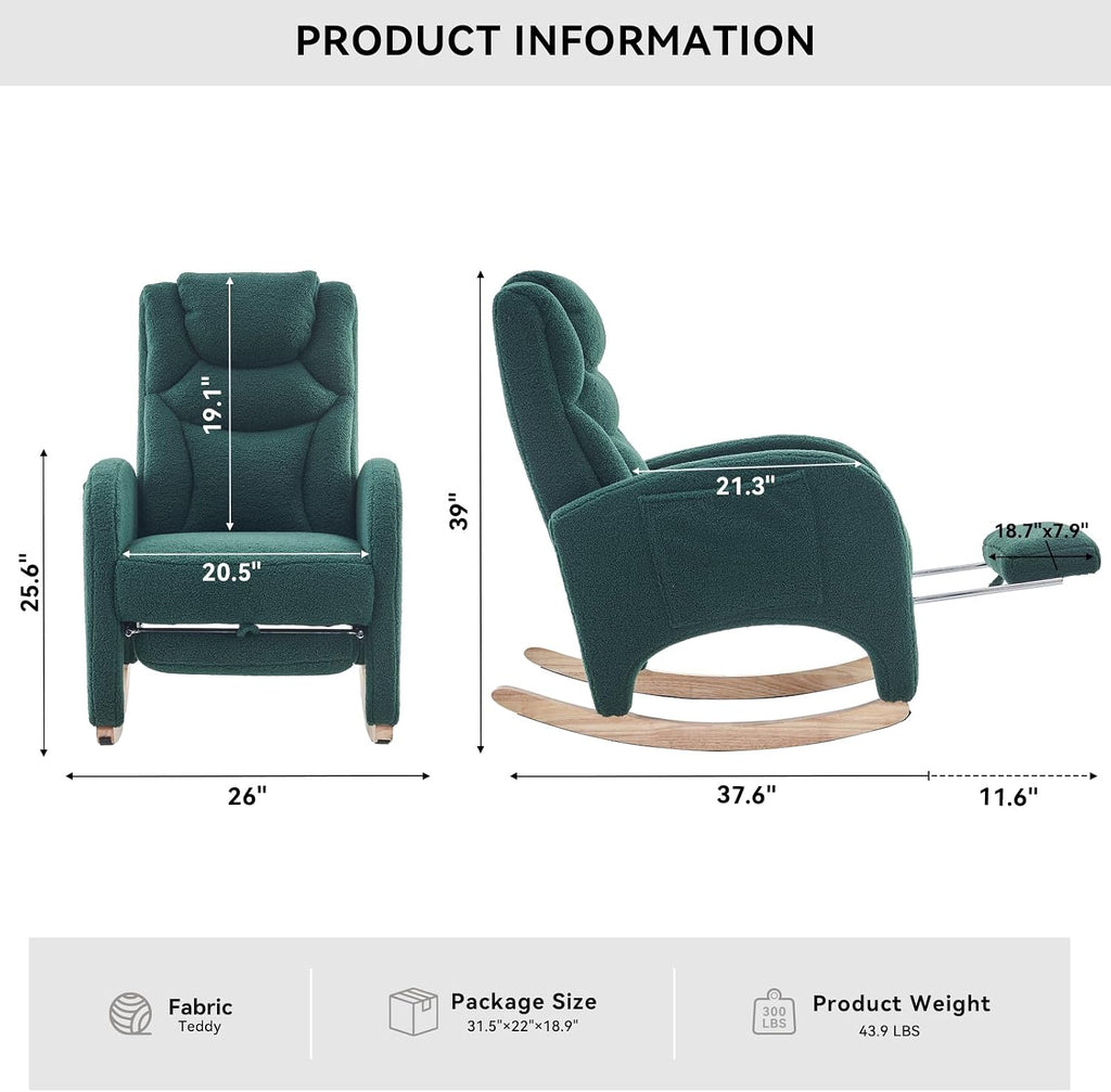 FOXHUNTER Rocking Chair Nursery, Modern Glider Chair with Adjustable Footrest and Solid Wood Legs, High Backrest Nursery Chair with Side Pocket, Rocker Armchair for Living Room Bedroom, Teddy Green