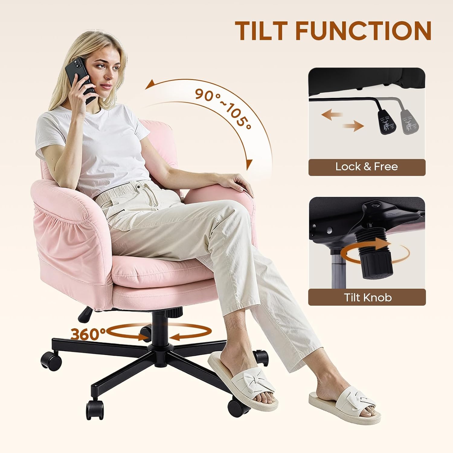 Bestier Criss Cross Chair with Flip-Up Armrests, Swivel Makeup Vanity Chair with Wheels & Side Pockets, Cross Legged Office Chair for Home Office, Bedroom, Pink Velvet