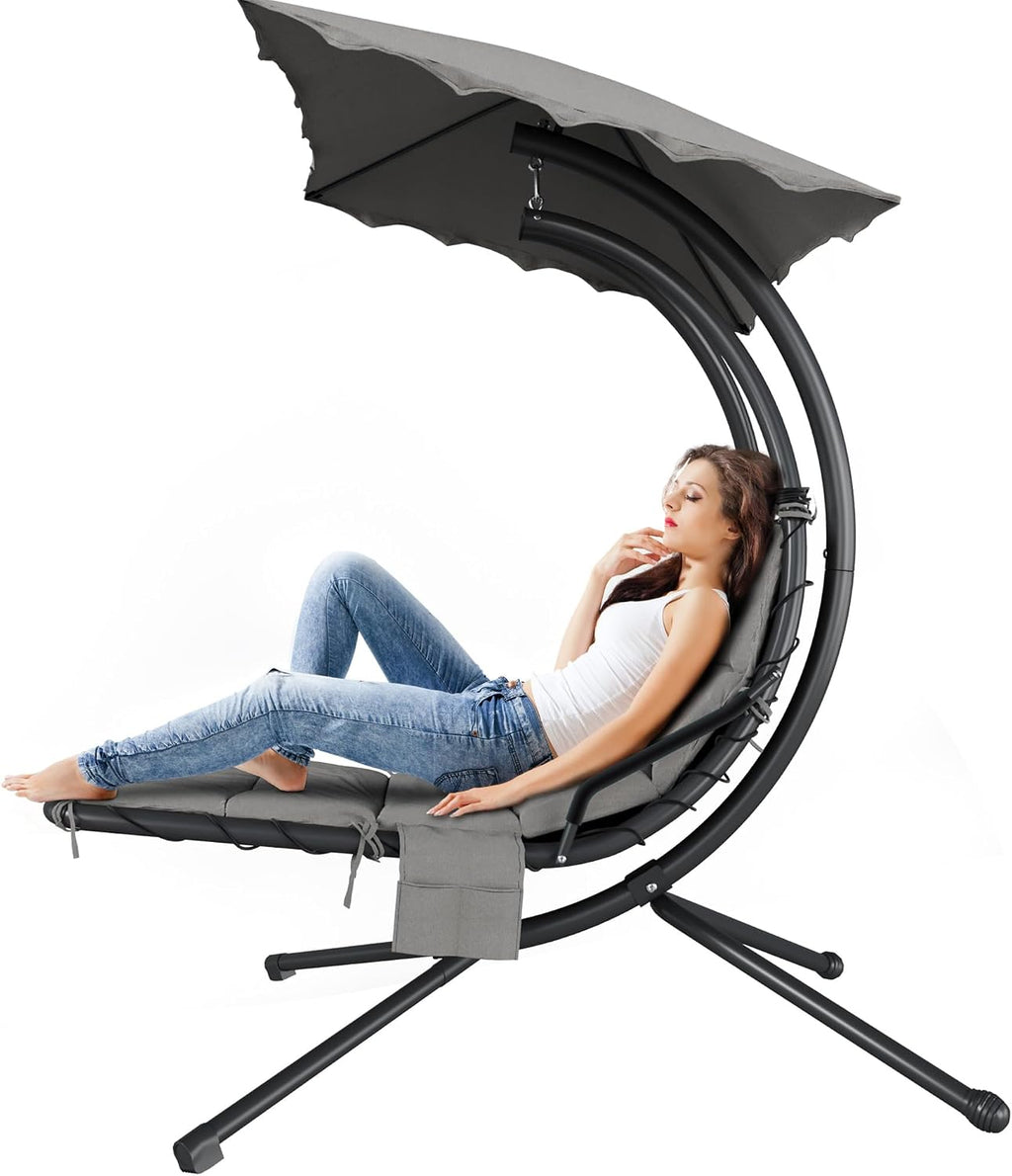 Hanging Chaise Lounge Swing Chair, Hanging Curved Chaise Lounge Chair Umbrella, Curved Steel Hammock Lounger Chairs for Outdoor Indoor Patio Pool Garden Backyard Porch