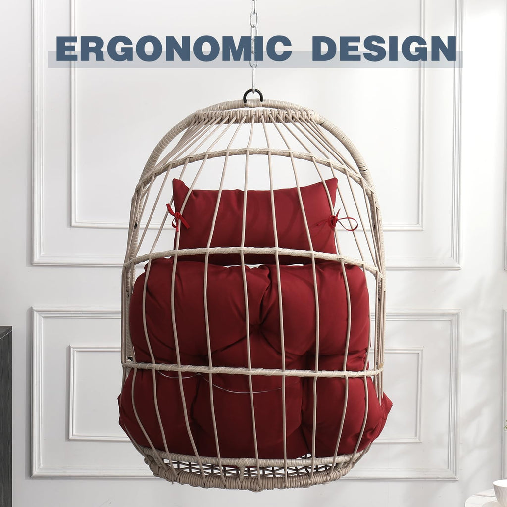 KEIKI Swing Egg Chair Without Stand, Foldable Patio Rattan Wicker Hammock Egg Chair with Cushion, Outdoor Indoor Hanging Basket Chair, 270LBS Capacity for Porch, Garden, Bedroom, Balcony, Red