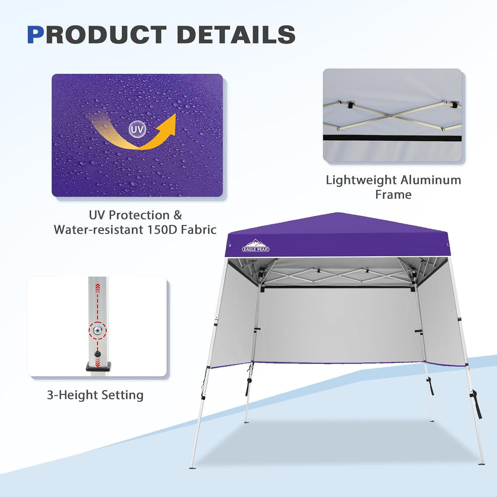 EAGLE PEAK Day Tripper 8x8 Aluminum Super-Lightweight Slant Leg Pop Up Canopy with 3 Removable Walls, Instant Outdoor Backpack Canopy Tent, Outside Beach Folding Sun Shelter, 8x8 Base 6x6 Top, Purple