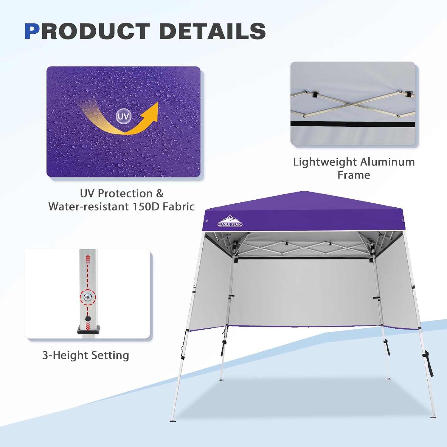EAGLE PEAK Day Tripper 8x8 Aluminum Super-Lightweight Slant Leg Pop Up Canopy with 3 Removable Walls, Instant Outdoor Backpack Canopy Tent, Outside Beach Folding Sun Shelter, 8x8 Base 6x6 Top, Purple