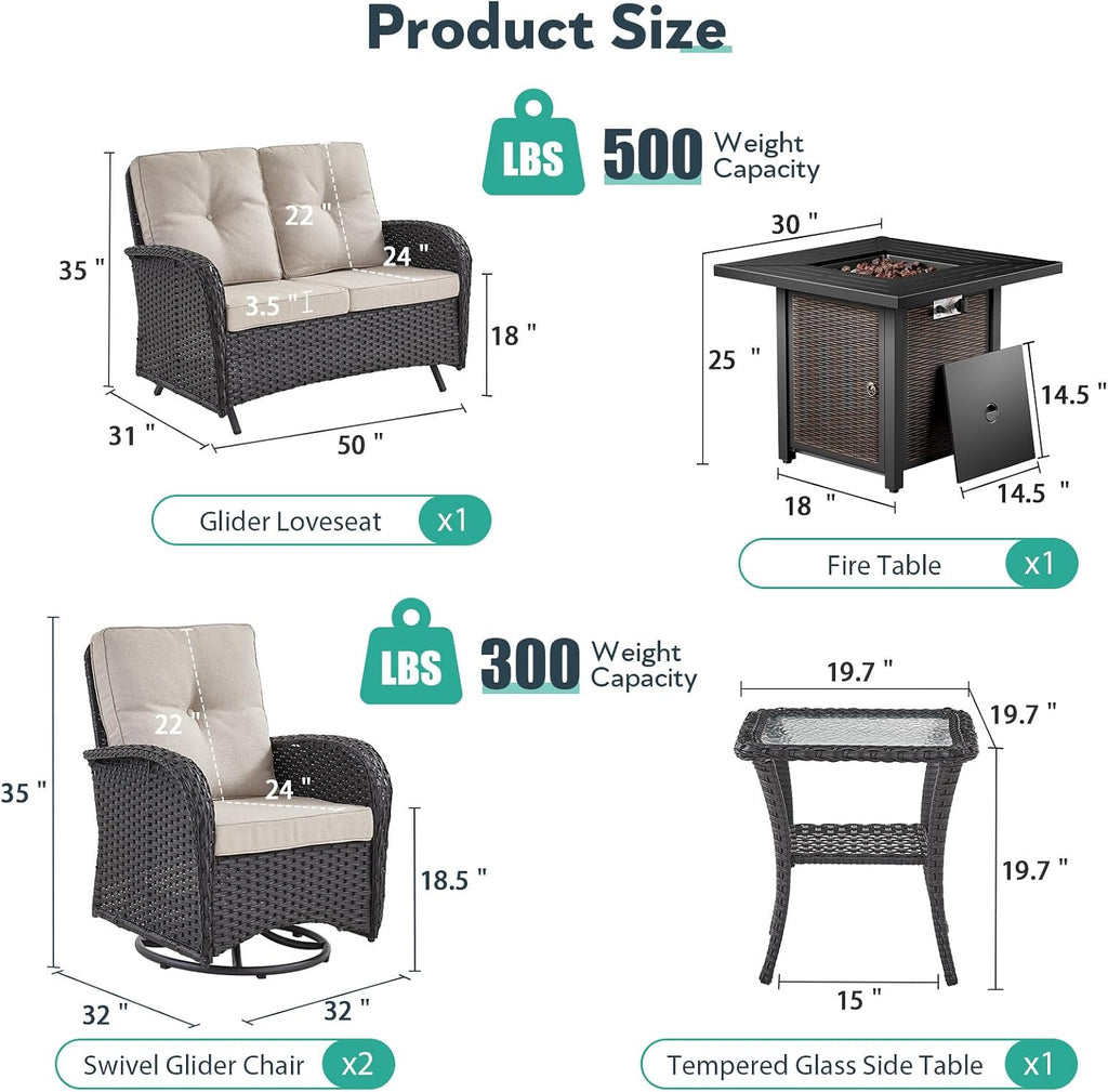5 Piece Patio Furniture Set with Fire Pit Table - Wicker Patio Conversation Set with Swivel Glider, Glider Loveseat, Tempered Glass Side Table for Deck Backyard - Black Wicker Beige Cushion