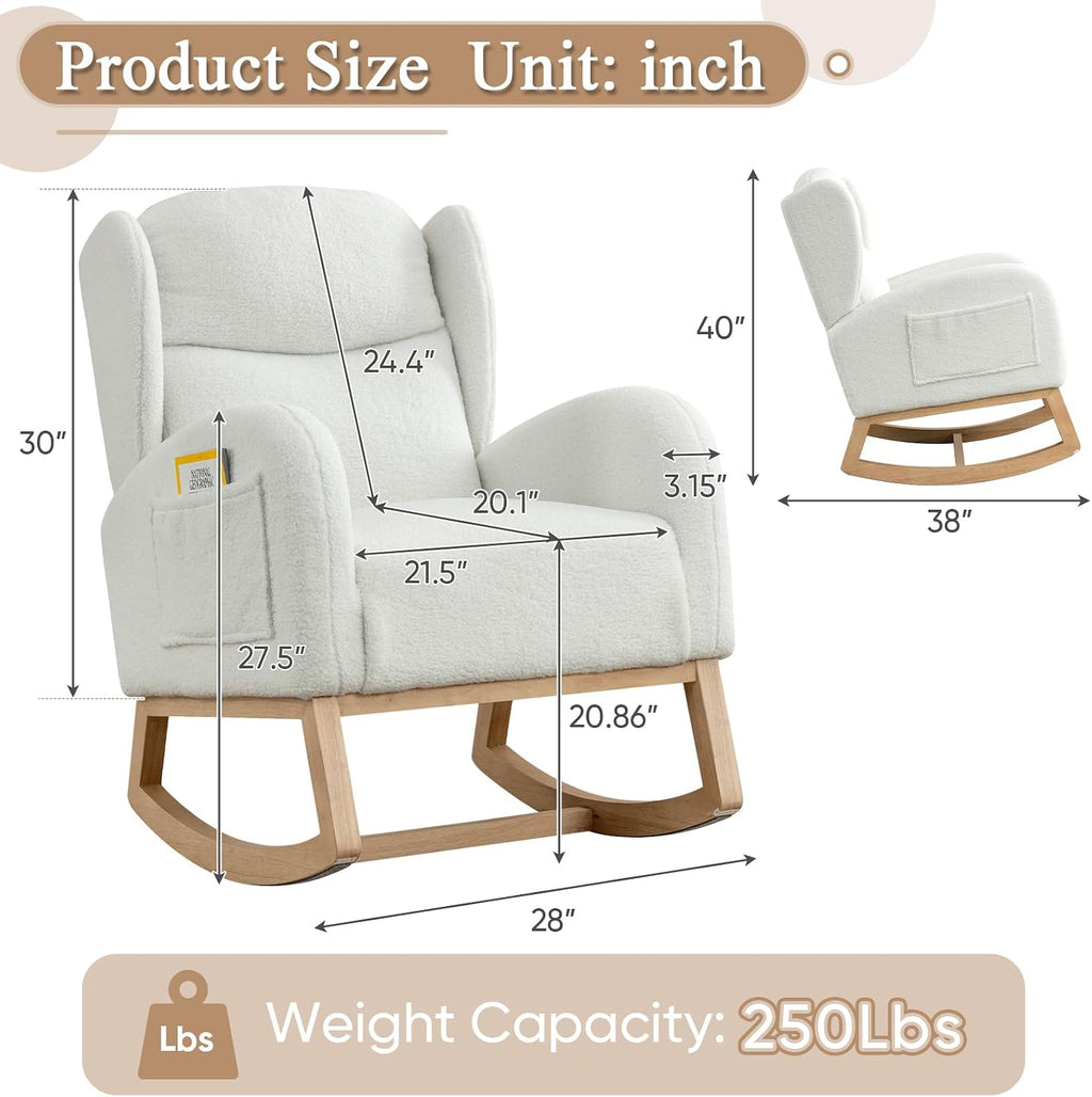 Rocking Glider Chair for Nursery, Wingback Teddy Accent Rocker Chair Upholstered Tall Back Arm Chair w/Side Pockets, Modern Leisure Single Sofa for Living Room, Hotel, Bedroom, Baby Room, Ivory