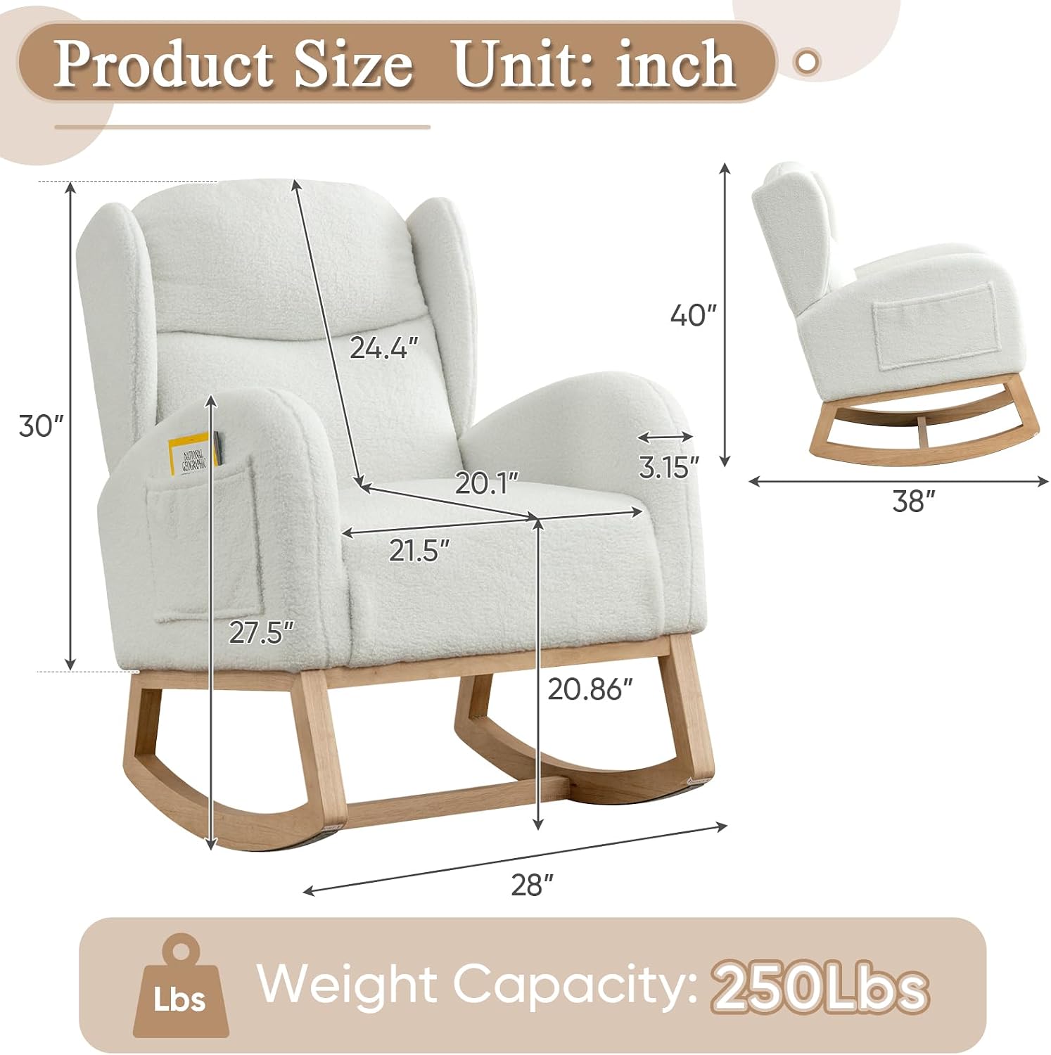 Rocking Glider Chair for Nursery, Wingback Teddy Accent Rocker Chair Upholstered Tall Back Arm Chair w/Side Pockets, Modern Leisure Single Sofa for Living Room, Hotel, Bedroom, Baby Room, Ivory