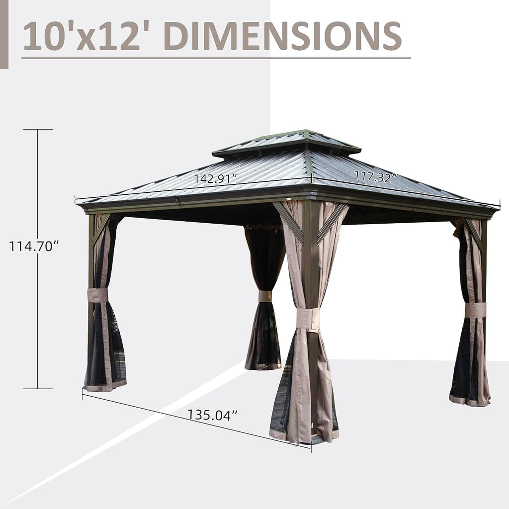Domi 10'x12' Hardtop Gazebo with Gutters, Outdoor Metal Gazebo for Patios with Galvanized Steel Double Roof, Heavy Duty Curtains and Netting Included, Pergola for Backyard, Garden Lawn, Deck, Brown