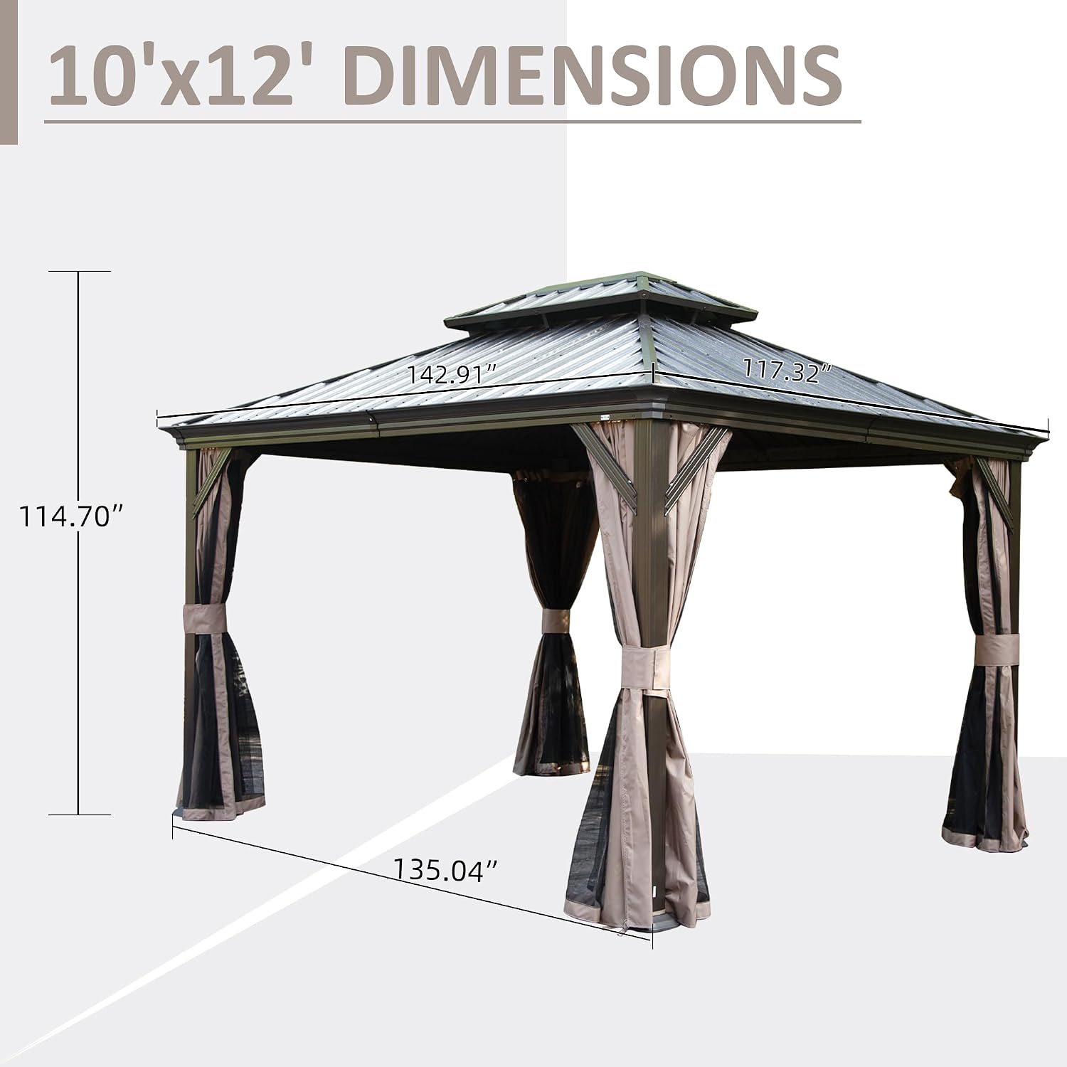 Domi 10'x12' Hardtop Gazebo with Gutters, Outdoor Metal Gazebo for Patios with Galvanized Steel Double Roof, Heavy Duty Curtains and Netting Included, Pergola for Backyard, Garden Lawn, Deck, Brown