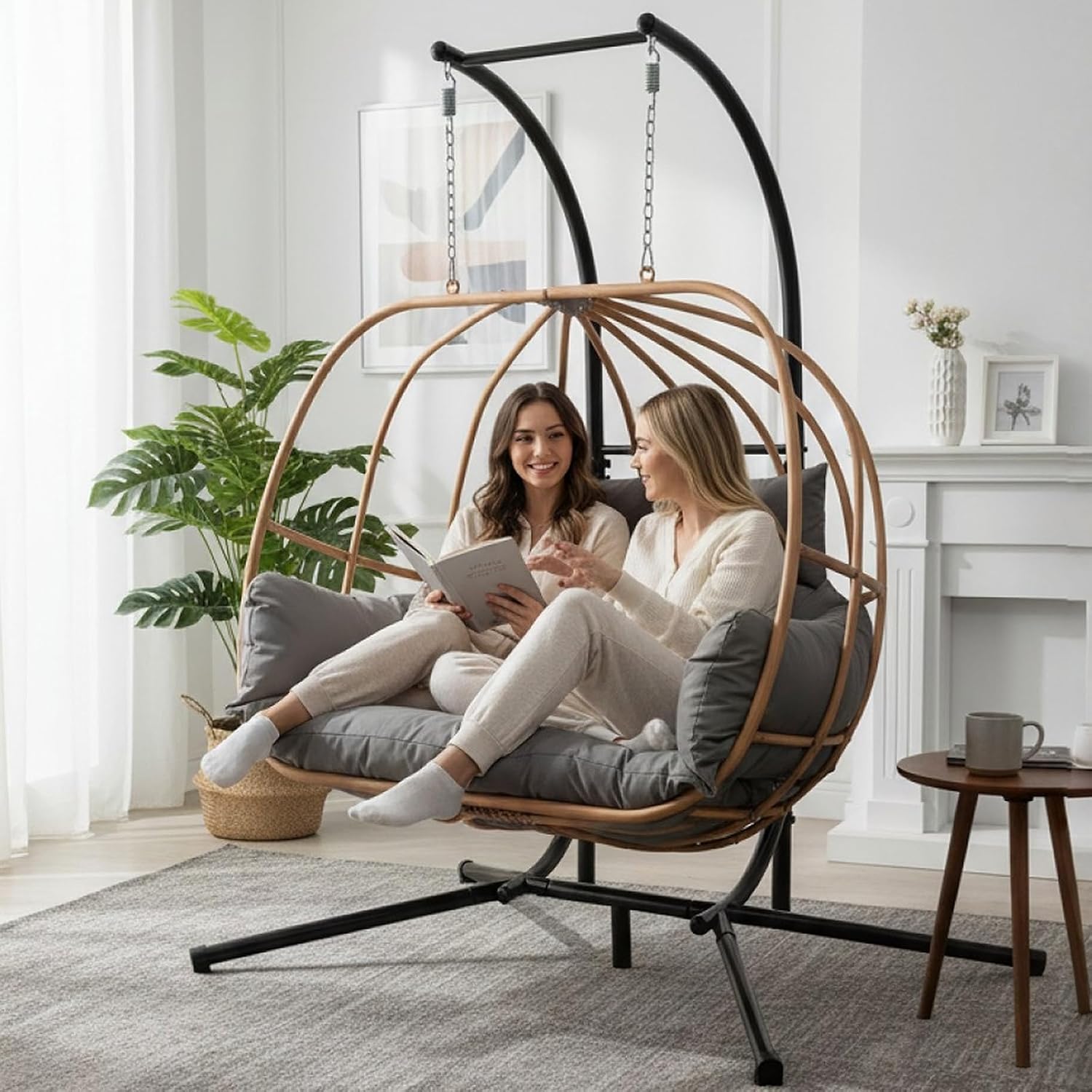 Double Egg Chair with Stand, Oversized Egg Chair Outdoor, 2-Person Hanging Eggs Chairs, 600Lbs Sturdy Loveseat Swinging Chair for Balcony, Patio, Deck, Grey