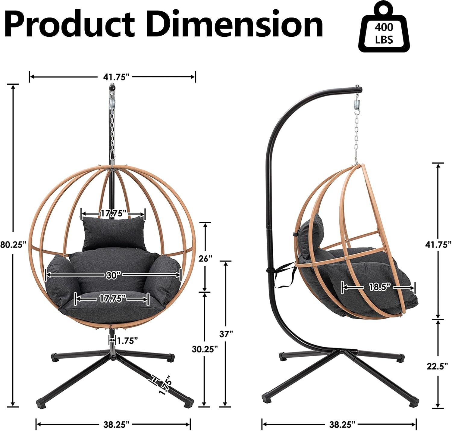 Egg Chairs Outdoor, Metal Hanging Egg Chair with Cushions, Heavy Duty 400LBS Imitation Wicker Egg Swing Chair with Stand, 80' H Hanging Chairs Cozy Basket Seat for Bedroom/Balcony, Charcoal