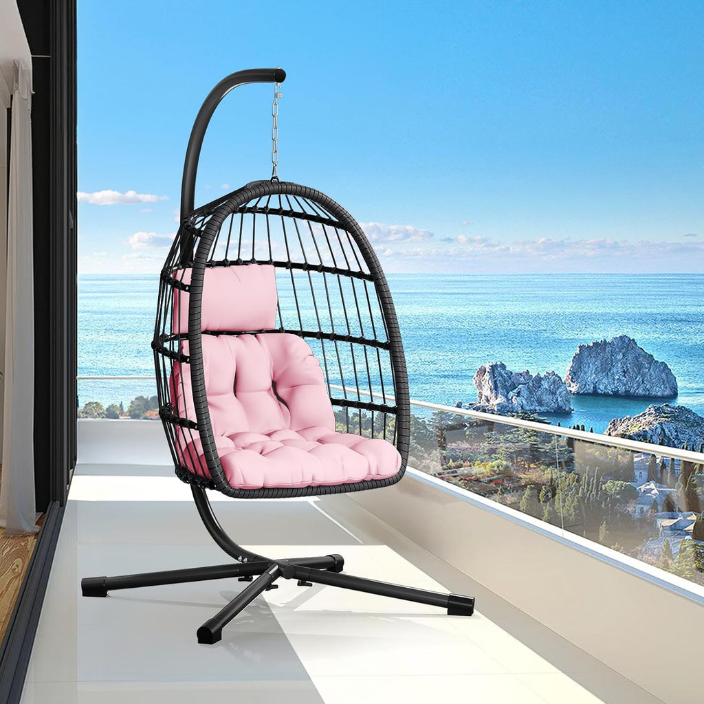 CHABATREE Egg Chair with Stand,Patio Rattan Wicker Hanging Swing Egg Chair Hammock Chair for Bedroom Porch Garden,Thickened Aluminum Alloy Steel Frame and UV Resistant Cushion,350LBS Capacity