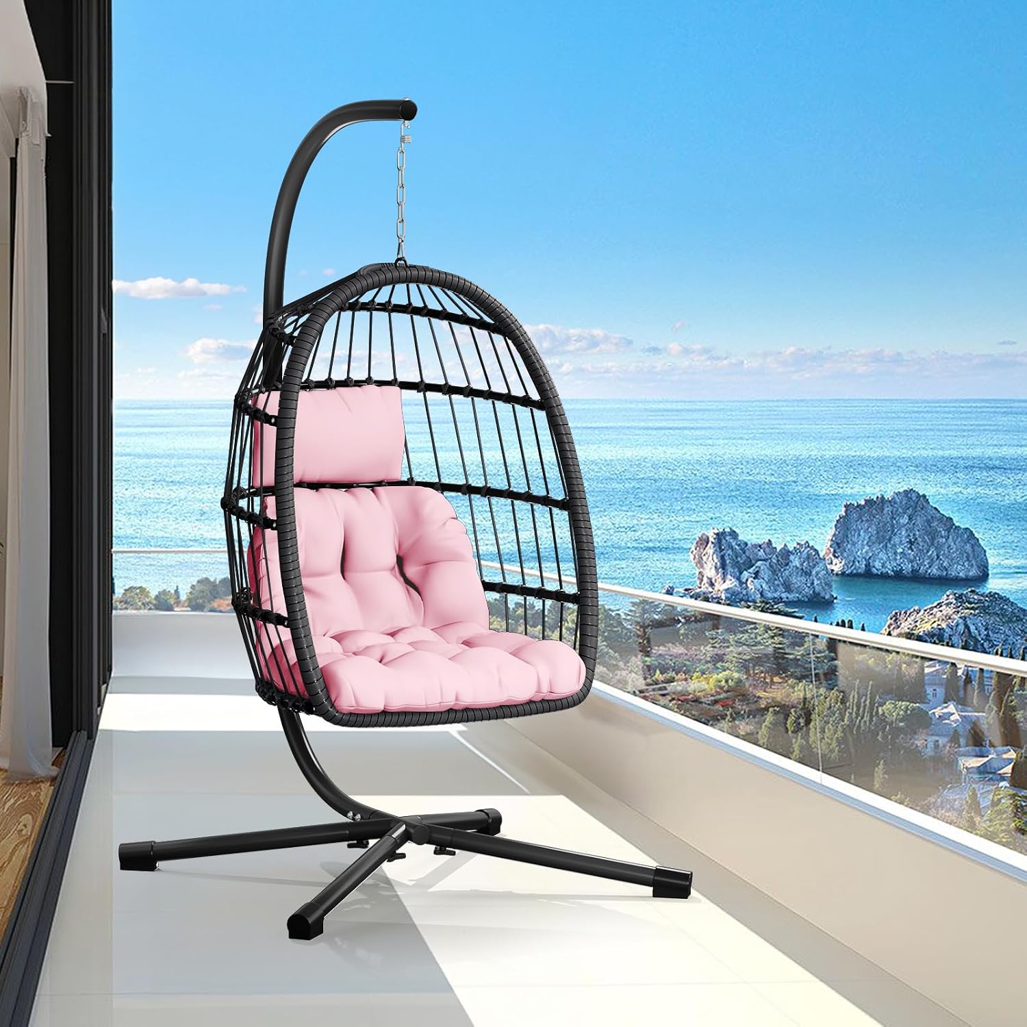 CHABATREE Egg Chair with Stand,Patio Rattan Wicker Hanging Swing Egg Chair Hammock Chair for Bedroom Porch Garden,Thickened Aluminum Alloy Steel Frame and UV Resistant Cushion,350LBS Capacity