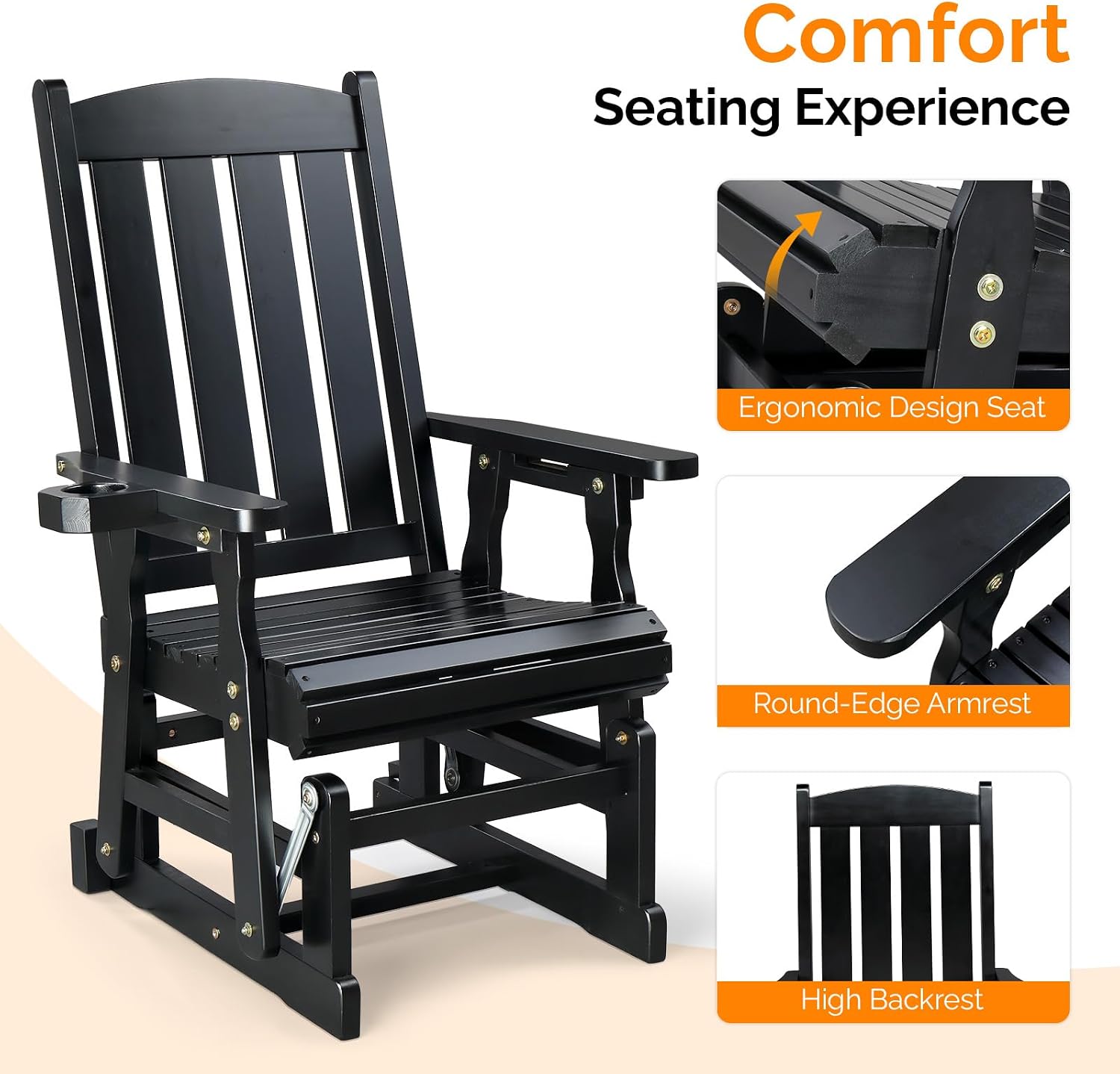 VINGLI Outdoor Glider Chair Wood Patio Glider with Cup Holder, Porch Glider with Smooth Rocking Mechanism, Heavy Duty 600 LBS, Black