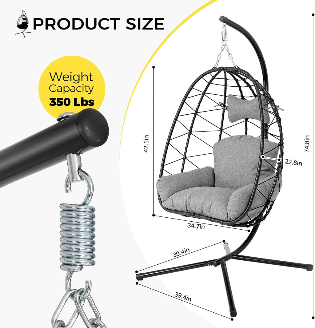 Egg Chair with Stand, Wicker Hanging Chair for Outdoor Patio, Cushioned Hammock Swing for Bedroom Garden Indoor/Outdoor, Double-Zipper Structure Hanging Egg Chair (Black and Dark Gray)