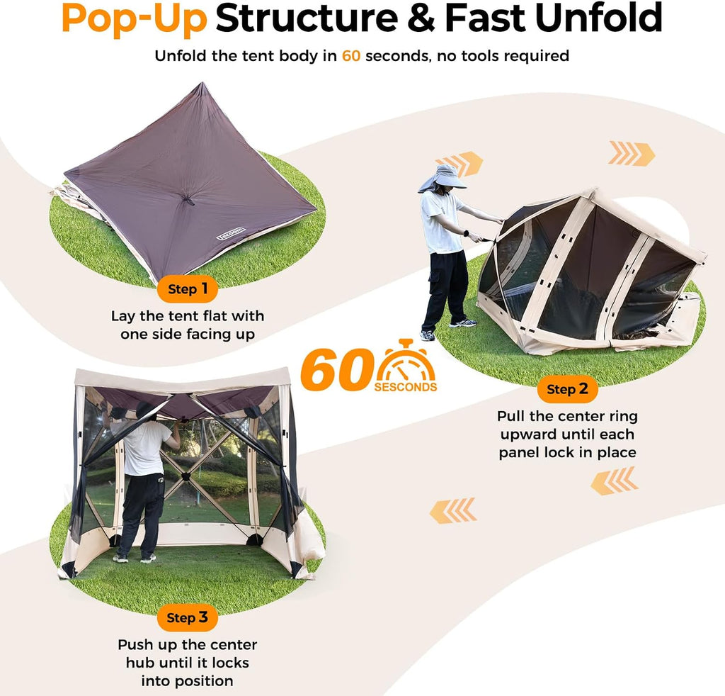 Tecoom 6x6ft Pop Up Gazebo Tent, 4-Sided Canopy Shelter Tent with Mesh Windows for Camping, Portable Large Shade Tents with Siedwalls, Carrying Bag and Stakes for Outdoor, Garden, Lawn, and Backyard
