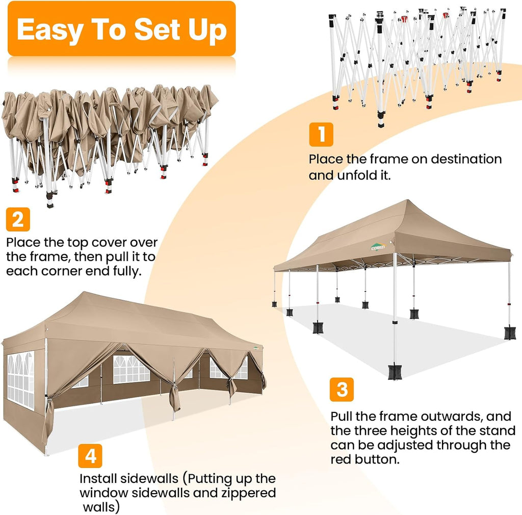 COBIZI 10x30 Pop up Canopy with Roller Bag & 8 Removable Sidewalls, Canopy Tent for Parties, Wedding, and Commercials, Waterproof and Instant Shelter UV50+ Outdoor Gazebo with 4 Sandbags(Khaki)
