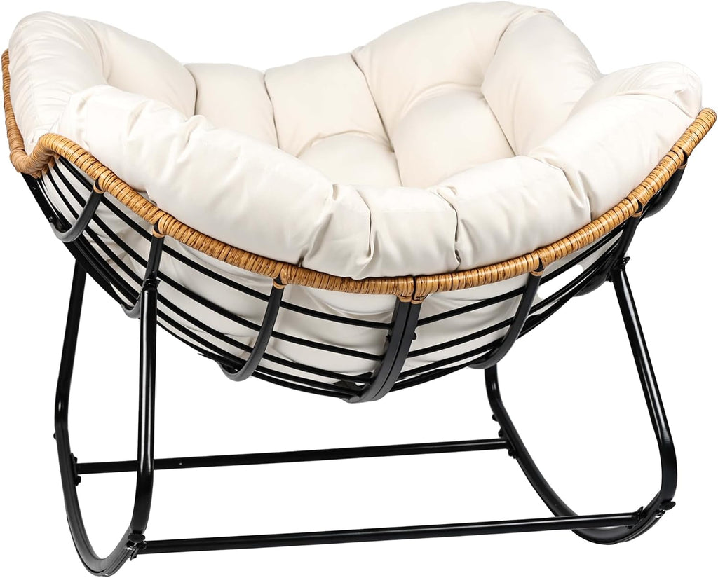 Outdoor Egg Rocking Chair, Indoor Papasan Rocking Chair with Thick Cushion, Modern Lounge Rocker for Balcony, Living Room, Bedroom, Porch, Lawn, Garden (Ivory)