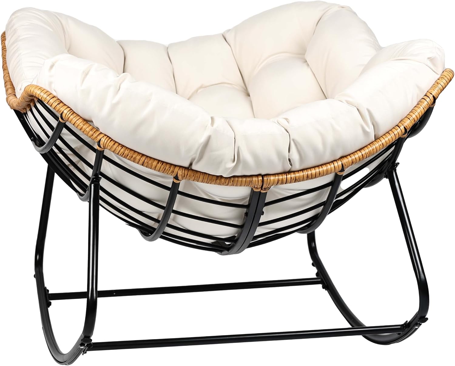 Outdoor Egg Rocking Chair, Indoor Papasan Rocking Chair with Thick Cushion, Modern Lounge Rocker for Balcony, Living Room, Bedroom, Porch, Lawn, Garden (Ivory)
