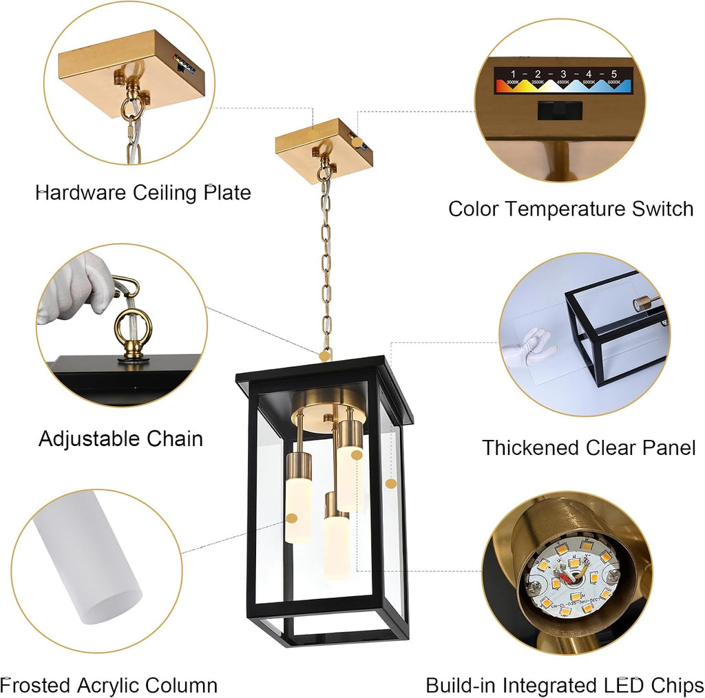 TODOLUZ 3-Light Large Outdoor Pendant Light with Frosted Coloum, 5CCT Dimmable Exterior Chandelier Hanging Porch Lighting (3000K/3500K/4500K/5000K/6000K)