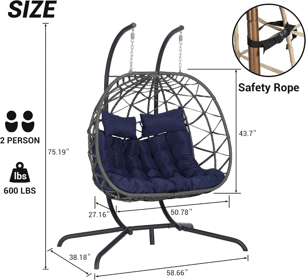 JOYBASE Double Swing Egg Chair with Stand, 2-Person Hanging Egg Chair Wicker Rattan Oversized Swinging Chair for Outdoor Indoor Garden Patio (Dark Blue Cushion and Grey Rattan)