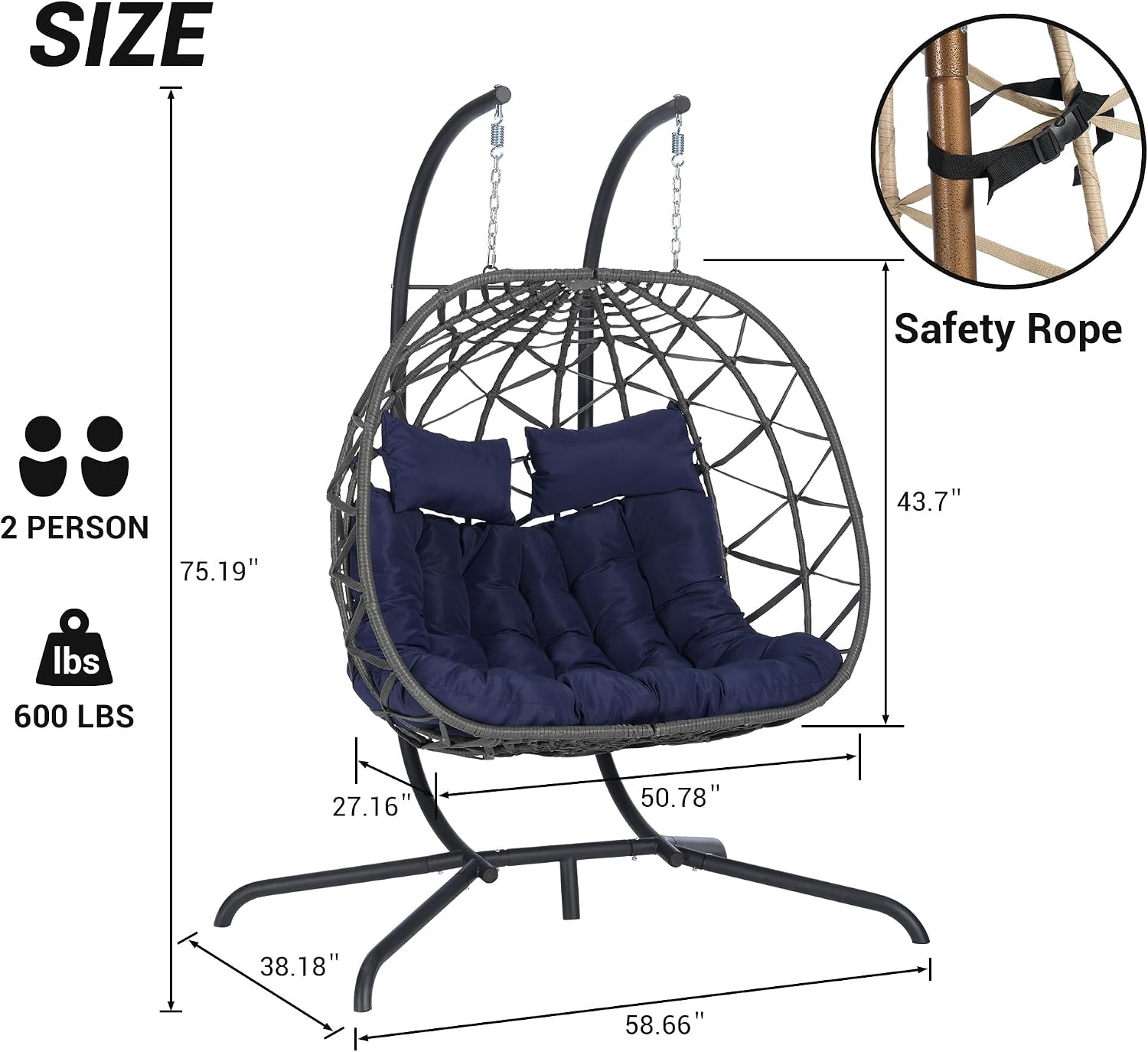 JOYBASE Double Swing Egg Chair with Stand, 2-Person Hanging Egg Chair Wicker Rattan Oversized Swinging Chair for Outdoor Indoor Garden Patio (Dark Blue Cushion and Grey Rattan)