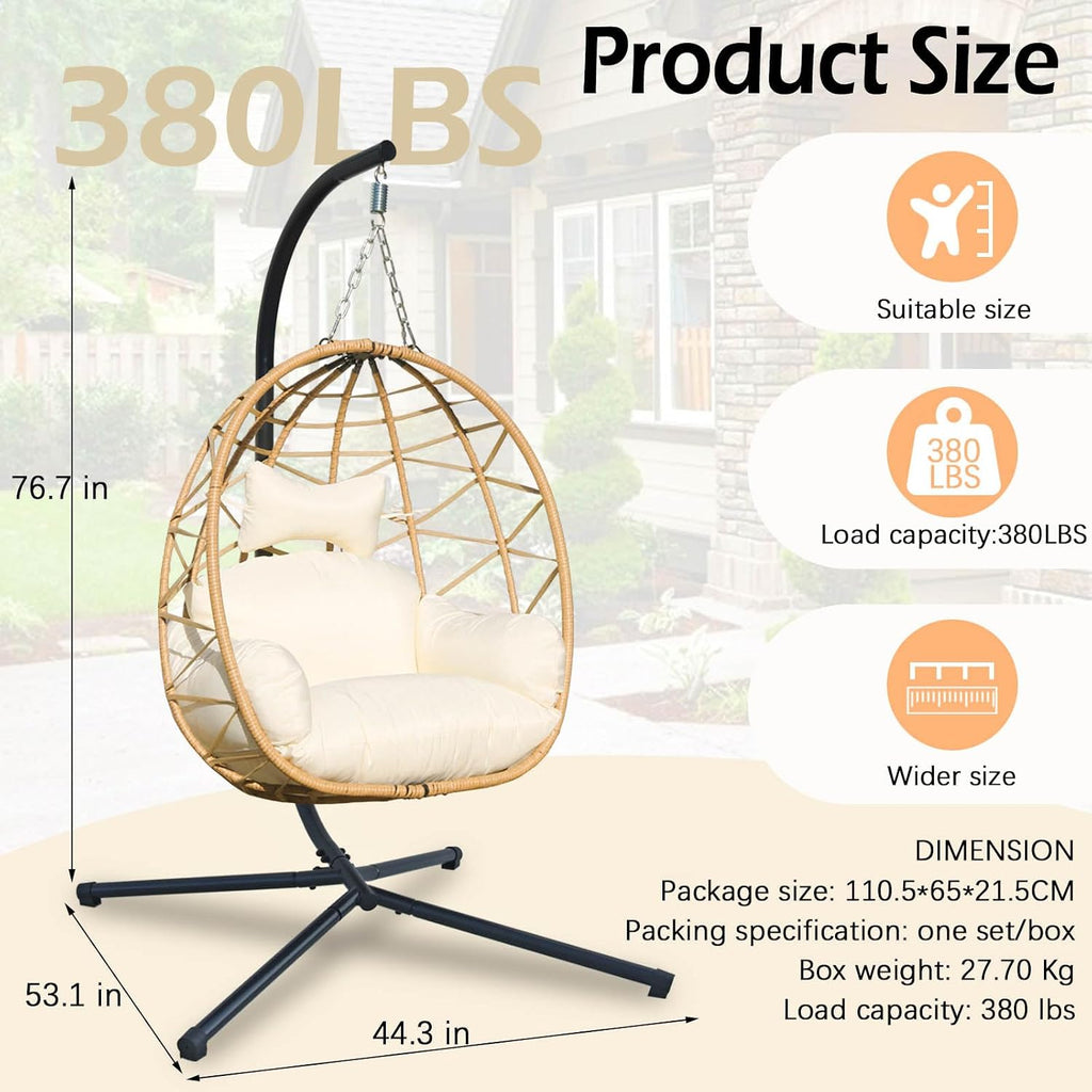 Hanging Egg Chair Swing with Stand, Hanging Chair, Webbing & PE Rattan Weaving, Thickened UV Resistant Cushion & Alloy Steel Frame, for Patio Bedroom Balcony (YB)