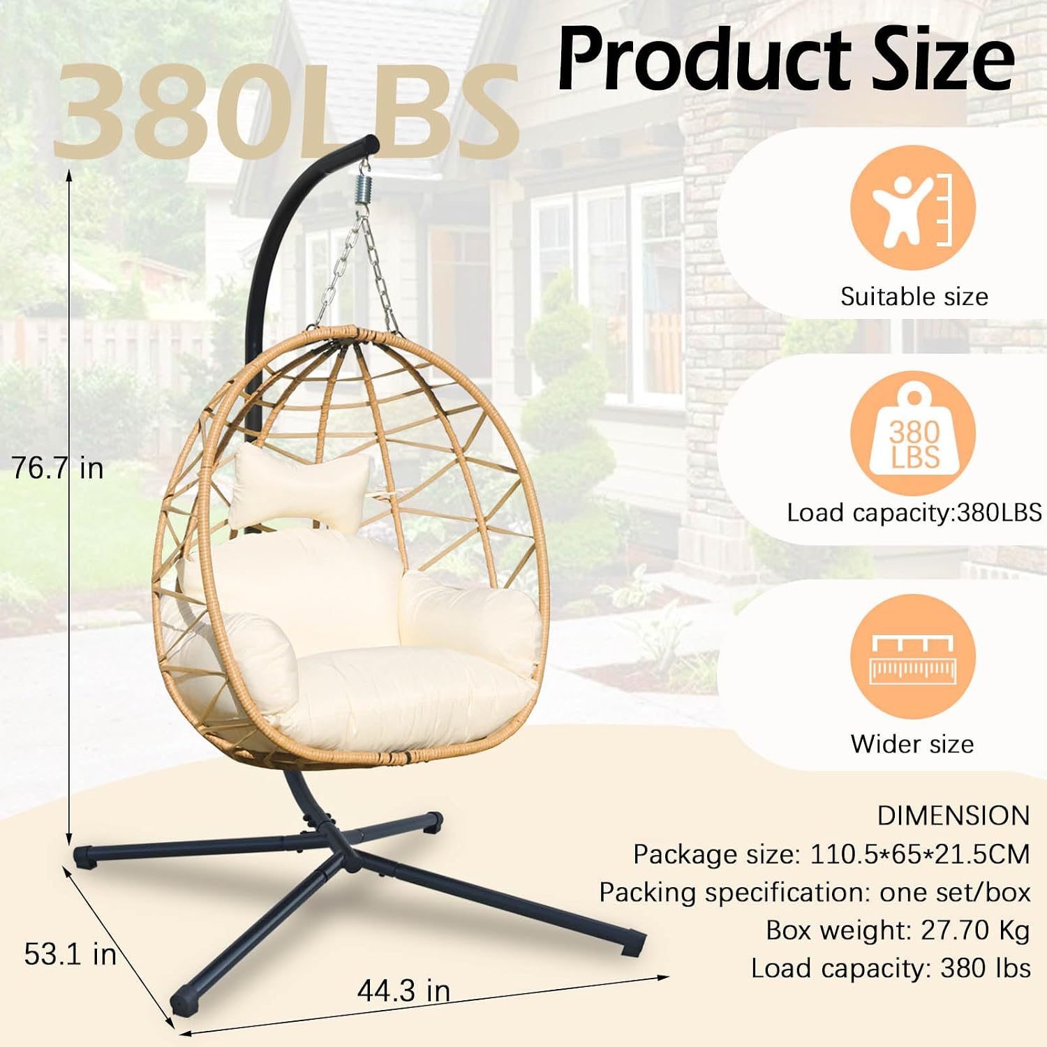 Hanging Egg Chair Swing with Stand, Hanging Chair, Webbing & PE Rattan Weaving, Thickened UV Resistant Cushion & Alloy Steel Frame, for Patio Bedroom Balcony (YB)